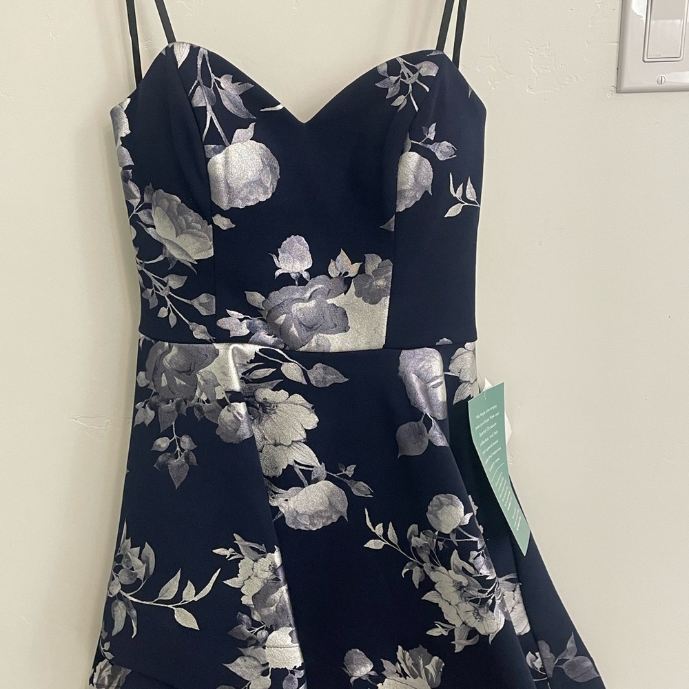 Navy Floral Print Semi-Formal Dress